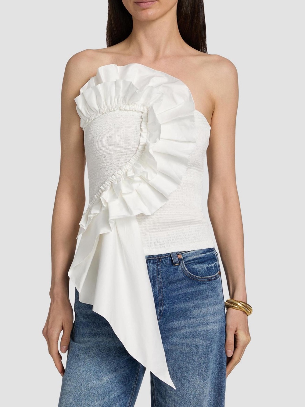 FARM Rio White Smocked Ruffled Strapless Top